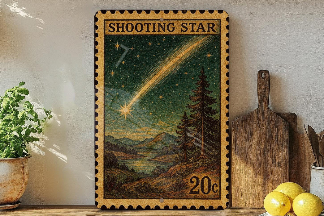 A framed stamp-like artwork depicting a shooting star against a night sky with mountains and pine trees, placed on a shelf next to a wooden cutting board and some lemons.