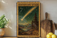 A framed stamp-like artwork depicting a shooting star against a night sky with mountains and pine trees, placed on a shelf next to a wooden cutting board and some lemons.