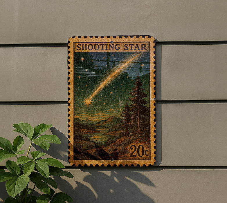 A wooden postage stamp depicting a shooting star against a night sky with mountains and pine trees.