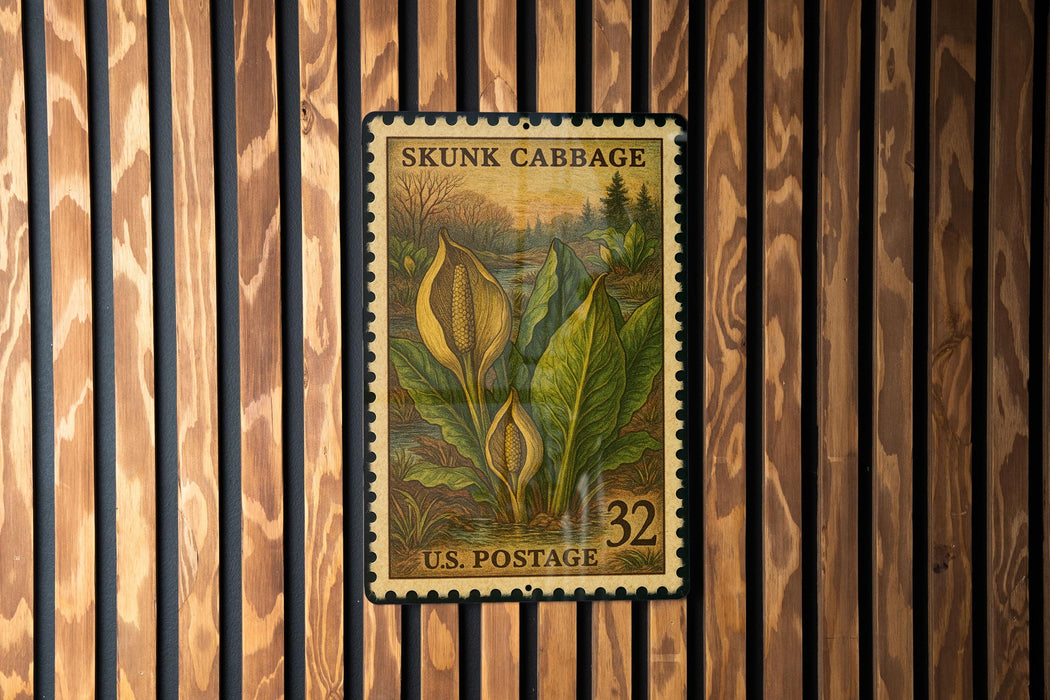 A vintage US postage stamp featuring a skunk cabbage plant, mounted on a wooden wall.