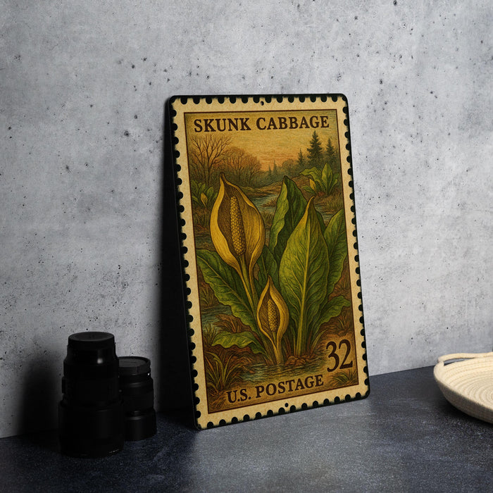 A metal stamp depicting skunk cabbage, a type of plant, is displayed on a table next to some black camera lenses.