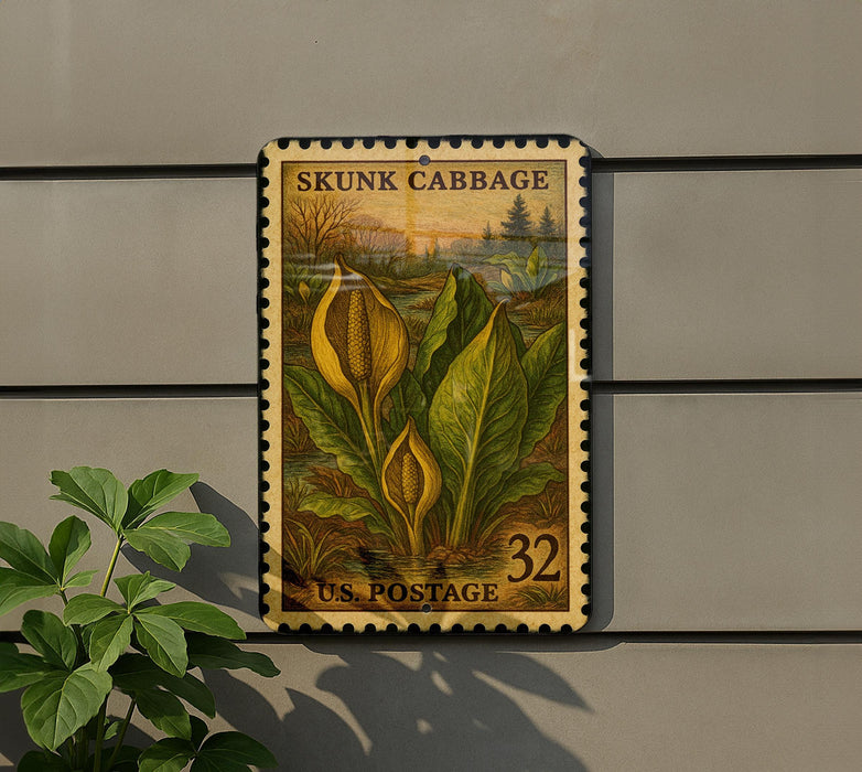 A vintage-style postage stamp featuring skunk cabbage plants is displayed on a wall, with a plant in the foreground.