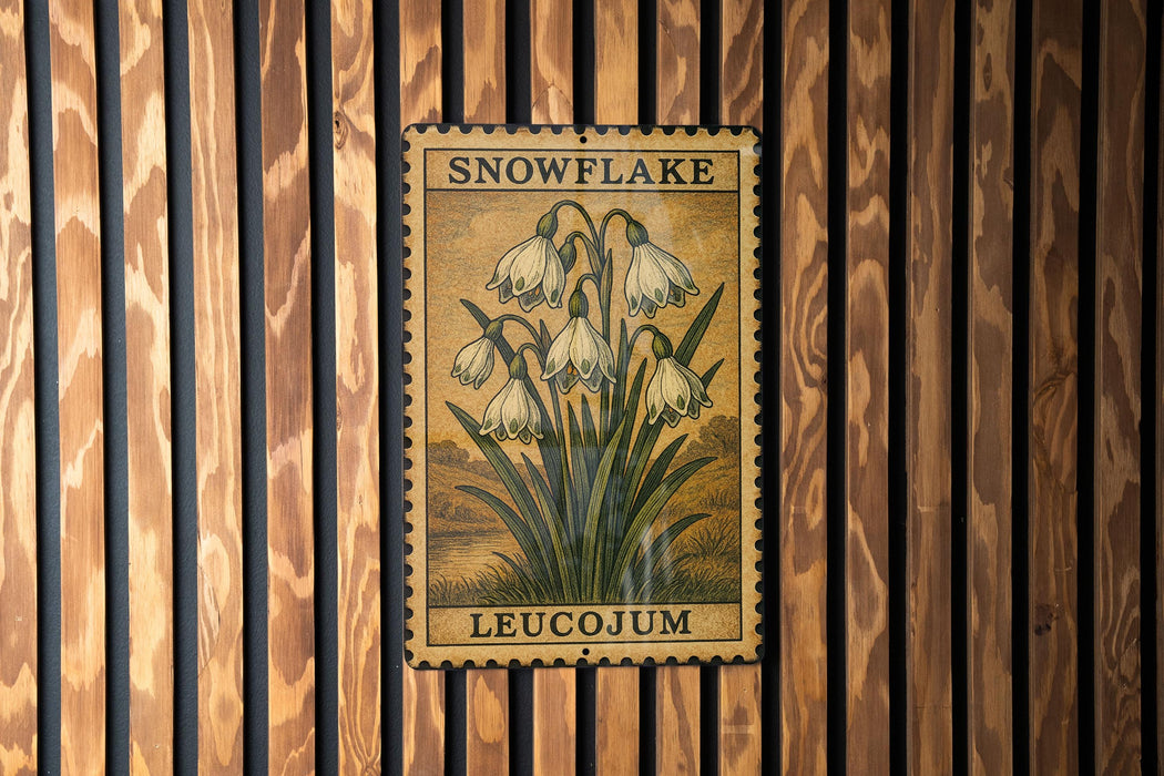 A vintage-style stamp featuring a snowflake plant with white flowers, mounted on a wooden wall.