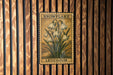 A vintage-style stamp featuring a snowflake plant with white flowers, mounted on a wooden wall.