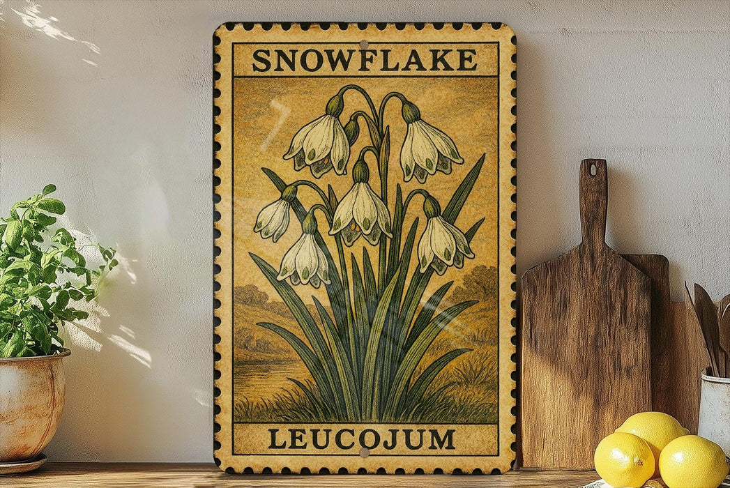 A framed illustration of snowflakes on a yellow background, with the text "SNOWFLAKE LEUCOJUM" below the image.