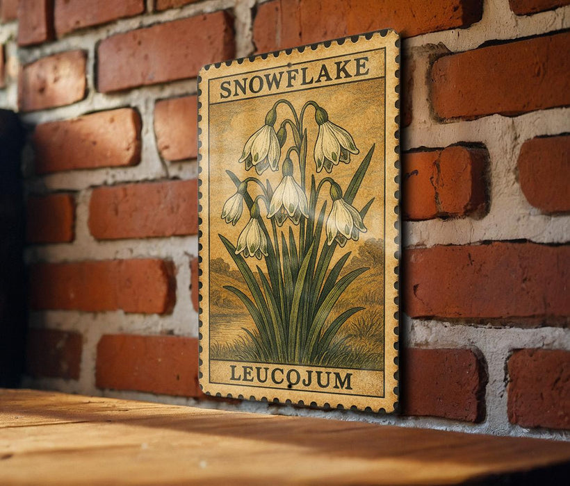 A vintage-style stamp depicting snowflakes is hanging on a brick wall, with a wooden table below it.