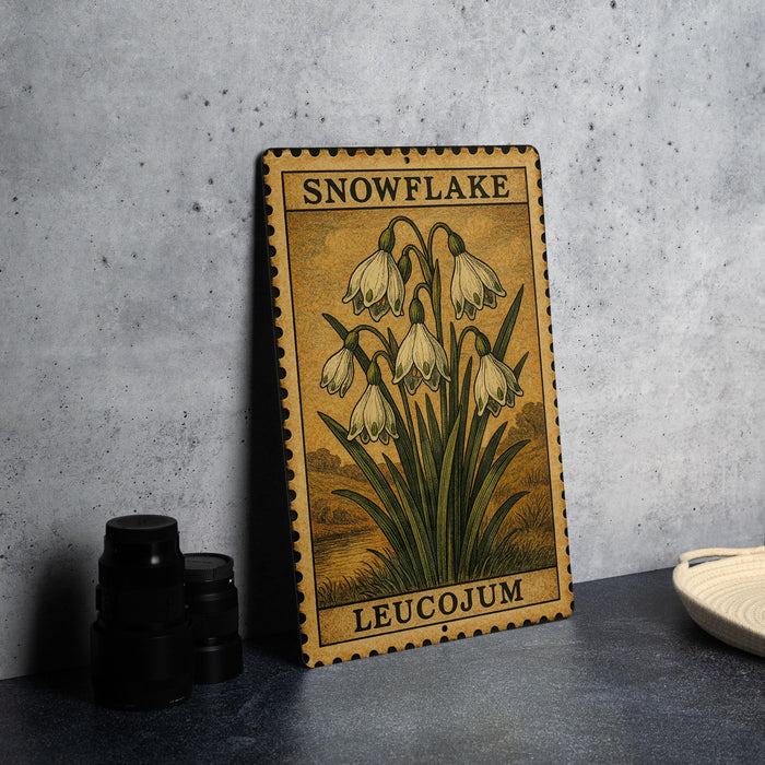 A framed illustration of snowflakes on a yellow background, with the text "SOWFLAKE LEUCOCOJUM" printed on it.
