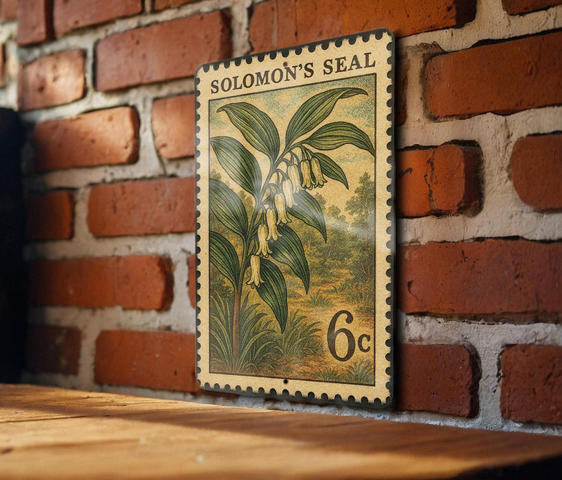A vintage-style postage stamp featuring a plant with green leaves and yellow flowers, mounted on a brick wall.