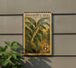 A vintage-style postage stamp featuring a lily of the valley plant, mounted on a wall next to a potted plant.