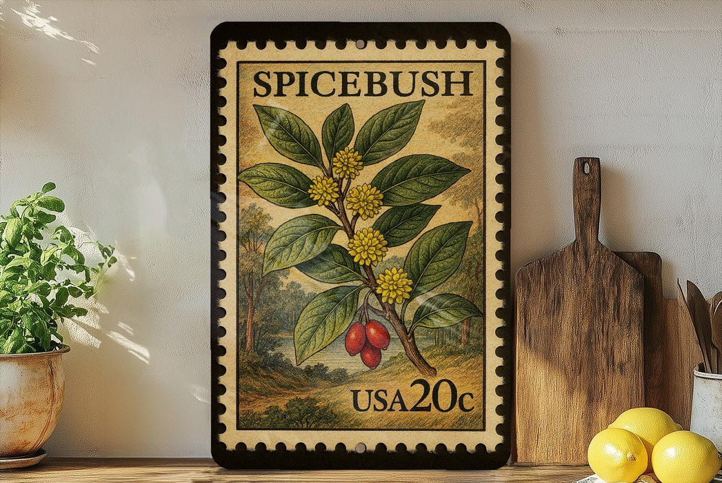 A framed stamp depicting a spice bush with yellow flowers and red berries, placed on a shelf next to a wooden cutting board and a potted plant.