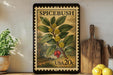 A framed stamp depicting a spice bush with yellow flowers and red berries, placed on a shelf next to a wooden cutting board and a potted plant.