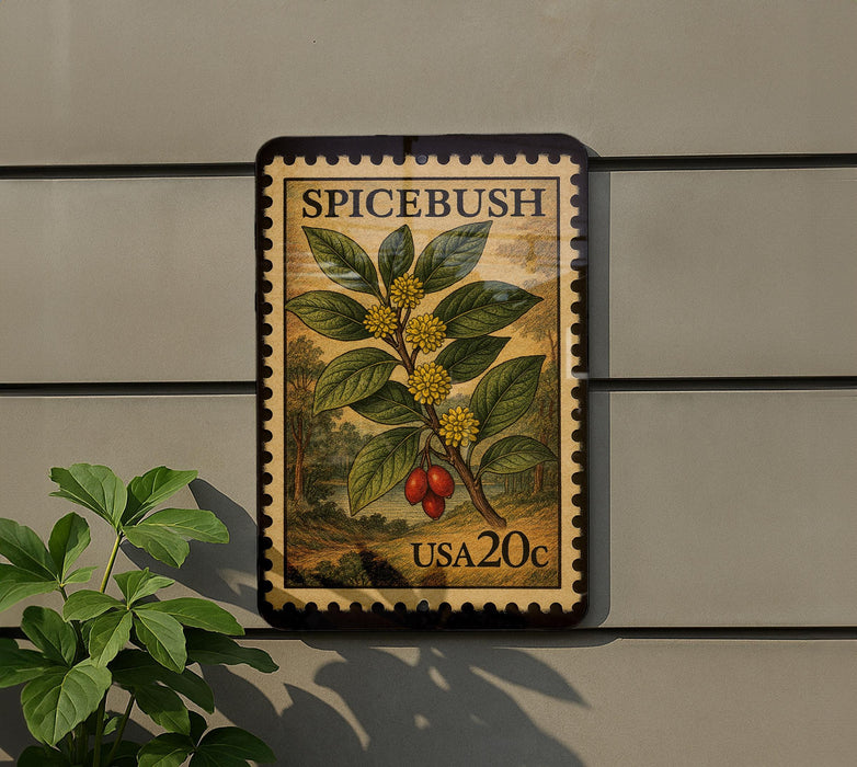 A framed postage stamp from the United States, featuring an illustration of a plant with red berries and green leaves.