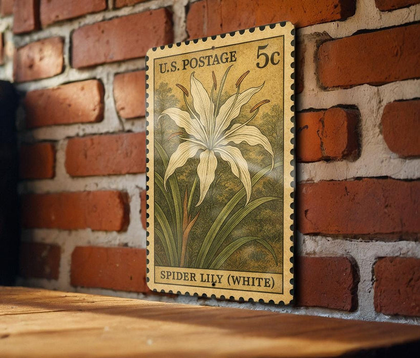 A U.S. postage stamp featuring a white spider lily plant is displayed on a wooden surface against a brick wall.