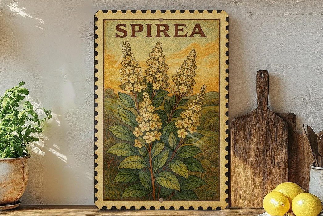 a framed illustration of a spirea plant with yellow flowers, placed on a shelf next to a wooden cutting board and a potted plant.