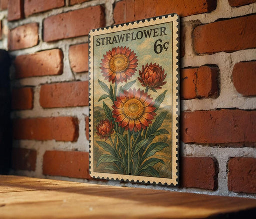 A vintage-style stamp depicting a large, vibrant flower is displayed on a brick wall.