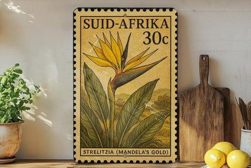 A vintage postage stamp featuring a yellow flower with green leaves, placed on a wooden surface next to a wooden cutting board and a potted plant.