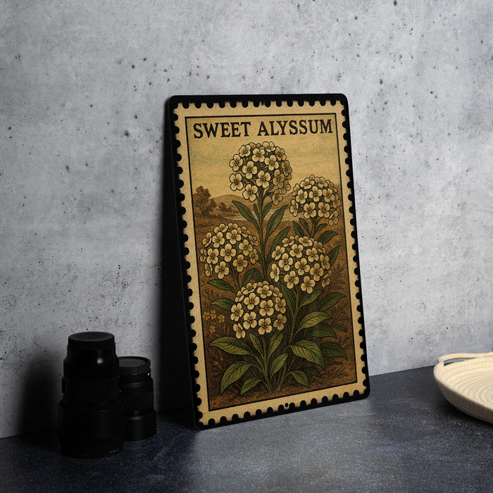 A framed illustration of a plant with yellow flowers is displayed on a table, accompanied by a stack of black camera lenses and a white dish.