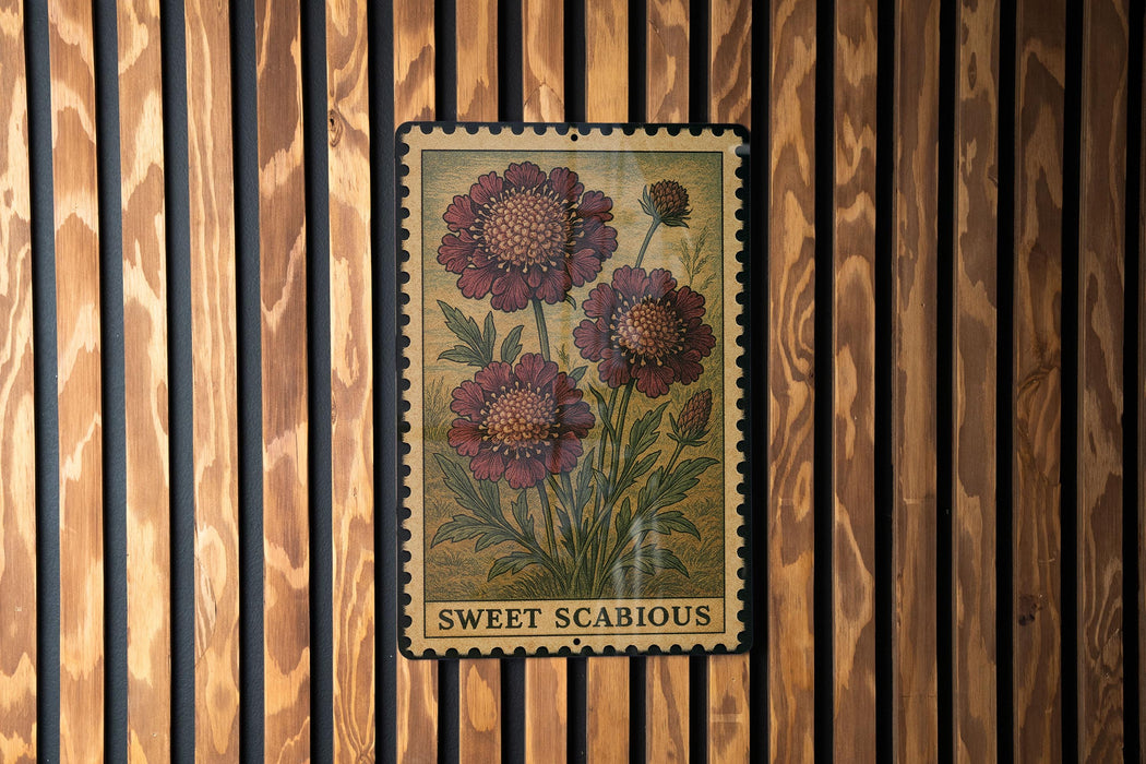 A framed illustration of a flower is hanging on a wooden wall.