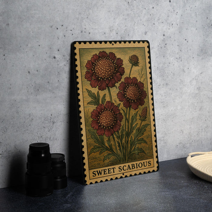 A framed illustration of a flower with the text "SWEET SCABIOUS" is displayed on a wall, accompanied by a stack of black camera lenses and a white dish.