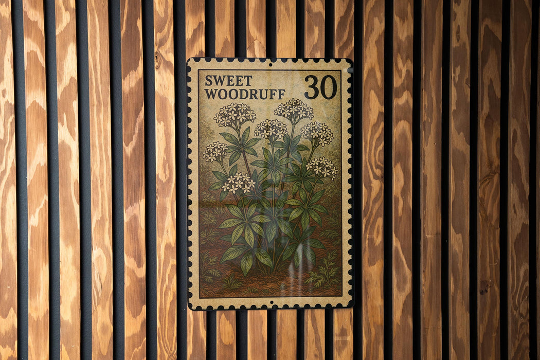 A vintage-style postage stamp featuring a floral illustration is displayed on a wooden wall.