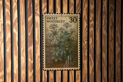 A vintage-style postage stamp featuring a floral illustration is displayed on a wooden wall.