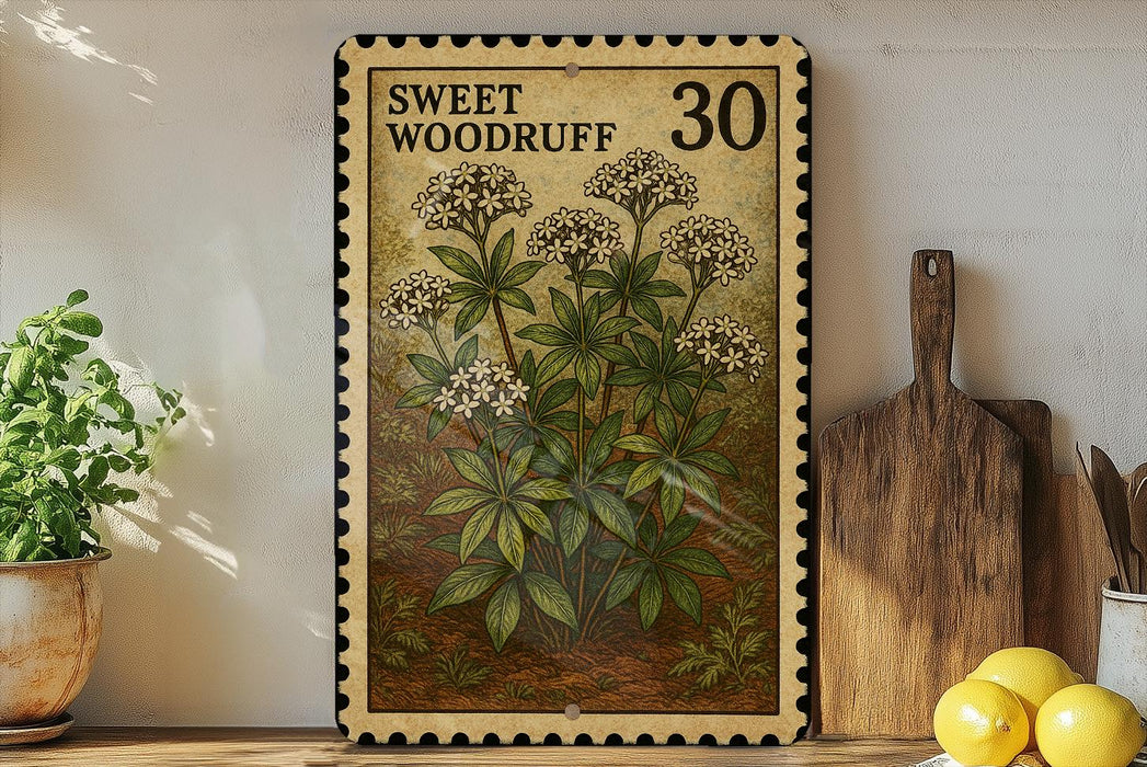 a framed illustration of a plant with white flowers, placed on a shelf next to a wooden cutting board and a potted plant.