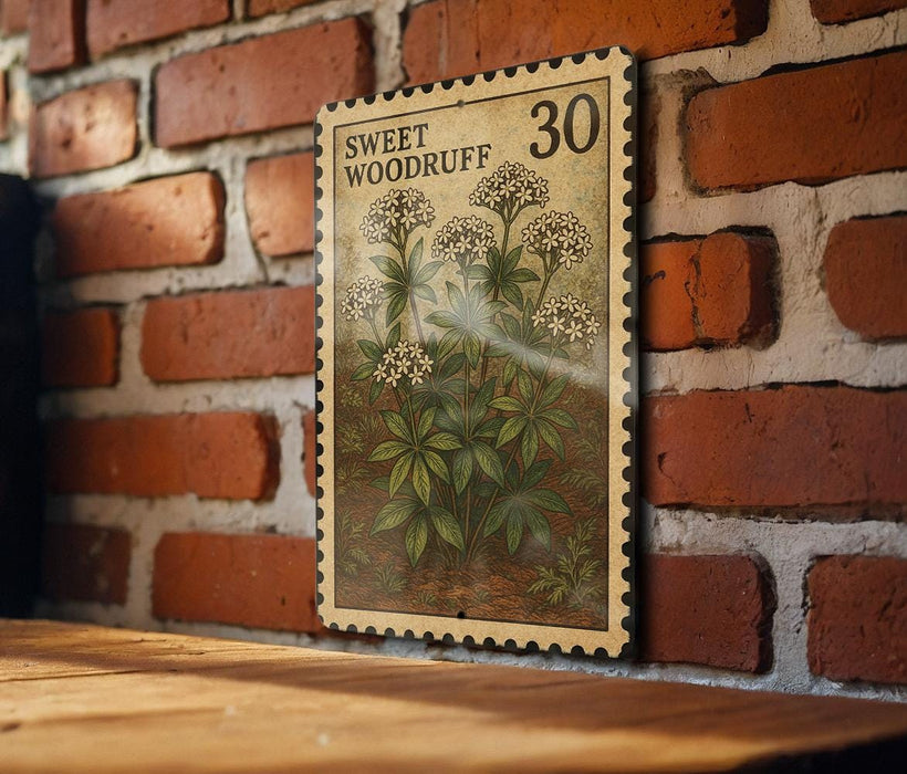 A vintage-style stamp featuring a plant with white flowers is displayed on a brick wall.