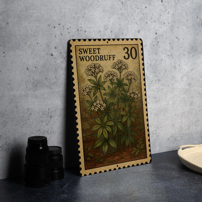 A metal stamp with a floral design and the text "Sweet Woodruff 30" is displayed on a table next to some black camera lenses.