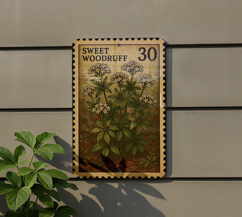 a wooden postcard-style sign with a floral design, mounted on a wall next to a plant.