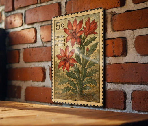 A 5c stamp featuring a red flower and green leaves, mounted on a brick wall.