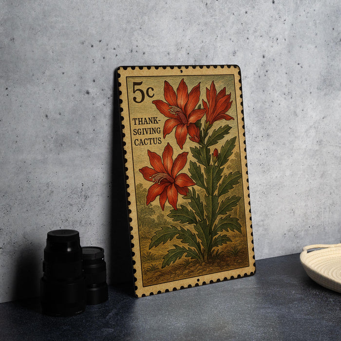 A 5c stamp featuring a red flower and green leaves, with the text "THANK-GIVING CACTUS" printed on it.