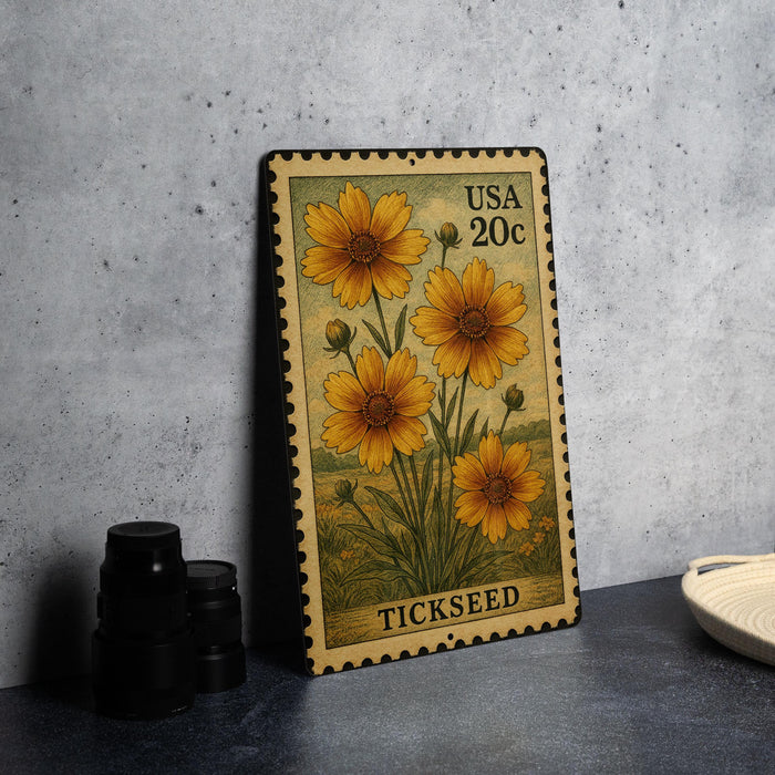 A metal stamp featuring a yellow flower design with the word "TICKSEED" printed on it, placed on a gray countertop next to some black camera lenses.