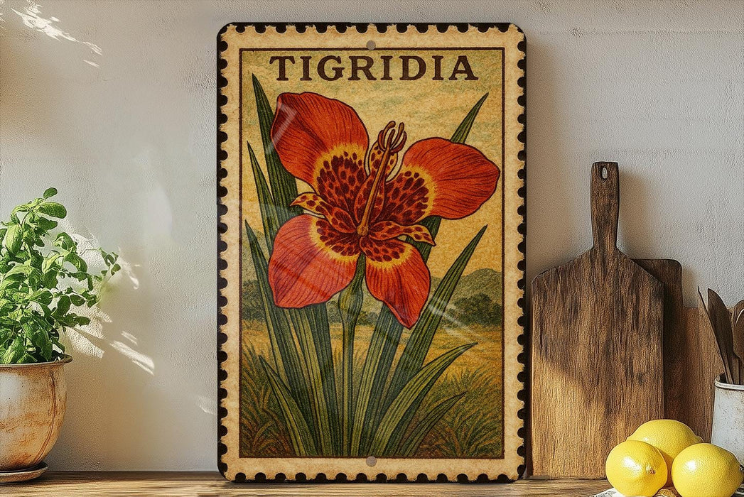 A framed illustration of a large red flower with yellow spots, surrounded by green leaves, is displayed on a shelf next to a wooden cutting board and a potted plant.