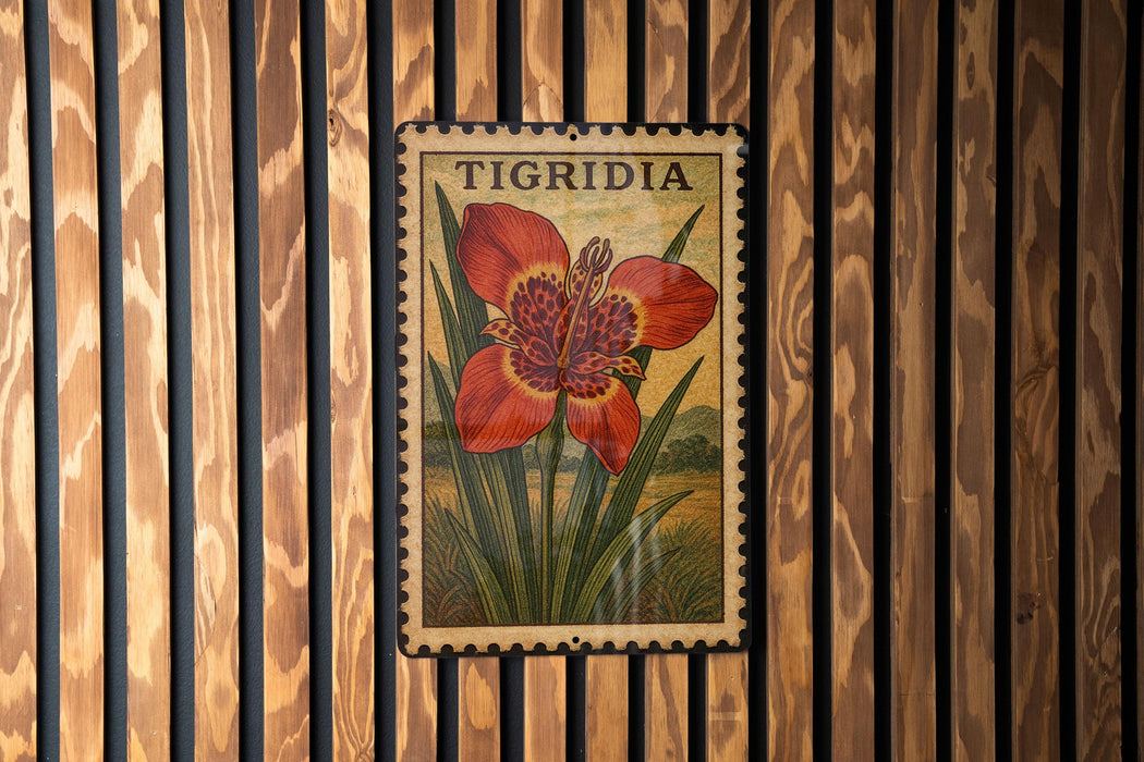 A vintage postage stamp featuring a large red flower with a yellow center, hanging on a wooden wall.