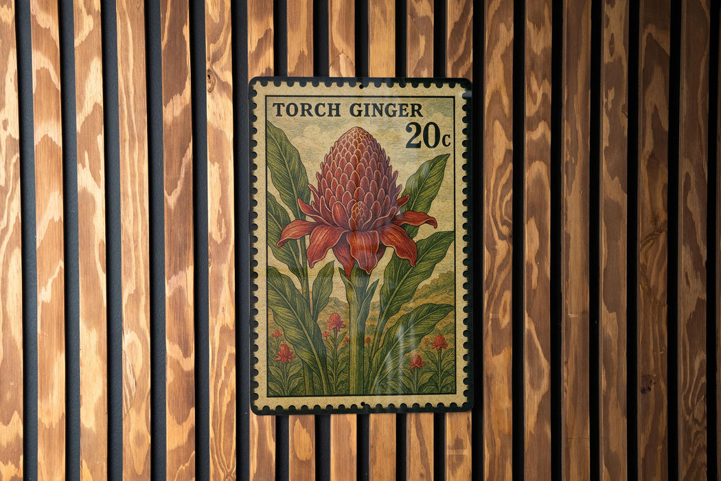 A 20 cent postage stamp featuring a large, vibrant red flower surrounded by green leaves.