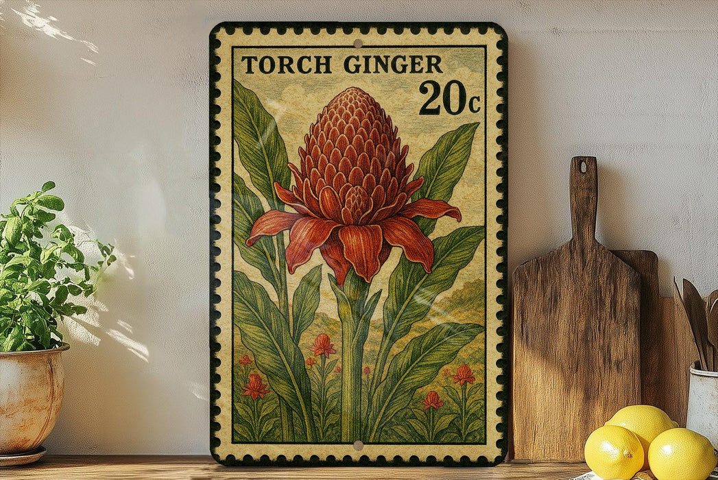 A vintage-style metal sign with a large illustration of a red flower surrounded by green leaves, placed on a wooden shelf next to a wooden cutting board and a potted plant.