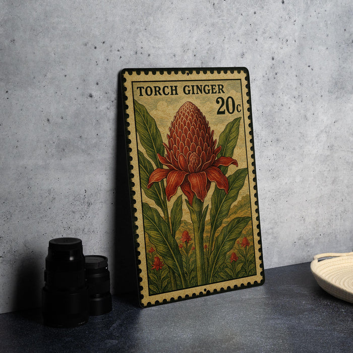 A metal stamp featuring a large red flower with green leaves, labeled "TORCH GINGER 20c".