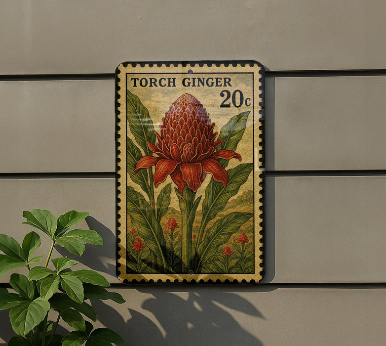 A postage stamp featuring a large red flower surrounded by green leaves, with the text "TORCH GINGER" and the denomination "20c".