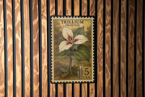 A postage stamp featuring a painted Trillium flower, which is a type of wildflower, mounted on a wooden background.