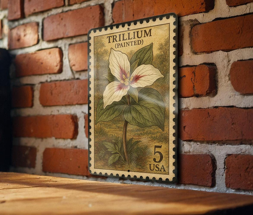 A vintage-style postage stamp featuring a trillium flower is displayed on a brick wall.