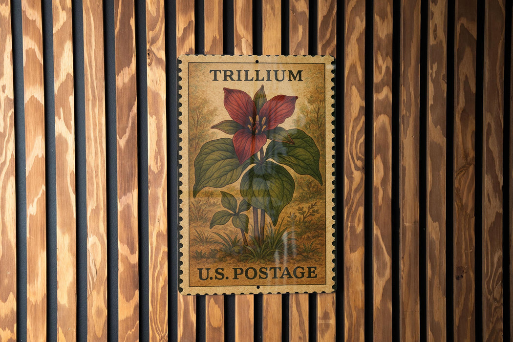 A framed postage stamp featuring a trillium flower is displayed on a wooden wall.
