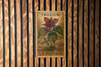 A framed postage stamp featuring a trillium flower is displayed on a wooden wall.