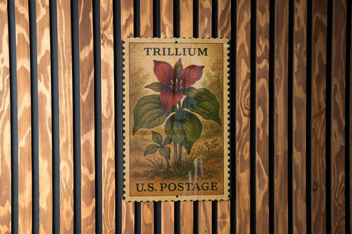 A framed postage stamp featuring a trillium flower is displayed on a wooden wall.