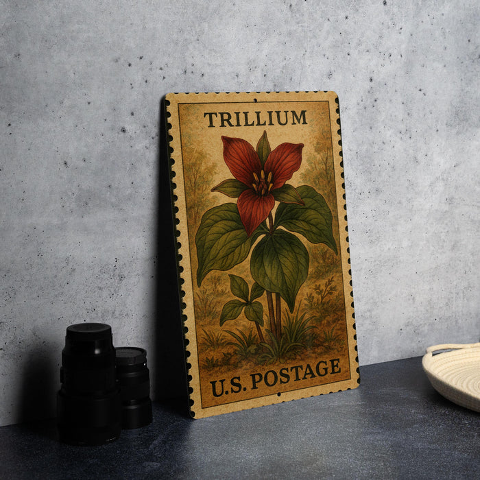A framed stamp depicting a red flower with green leaves, placed on a table next to a stack of black camera lenses.