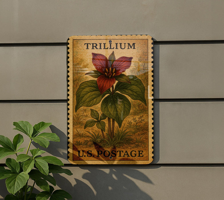 A wooden sign with a trillium flower and leaves, mounted on a wall, with a plant to the left.
