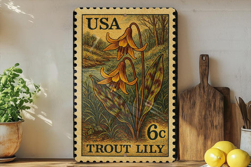 A framed postage stamp featuring a vibrant illustration of a lily flower, with the text "USA TROUT LILY" printed on it. The stamp is placed on a wooden surface, surrounded by various kitchen utensils and a potted plant.