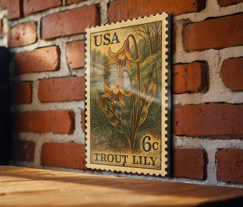 A wooden table with a brick wall in the background, featuring a framed US postage stamp depicting a lily flower.
