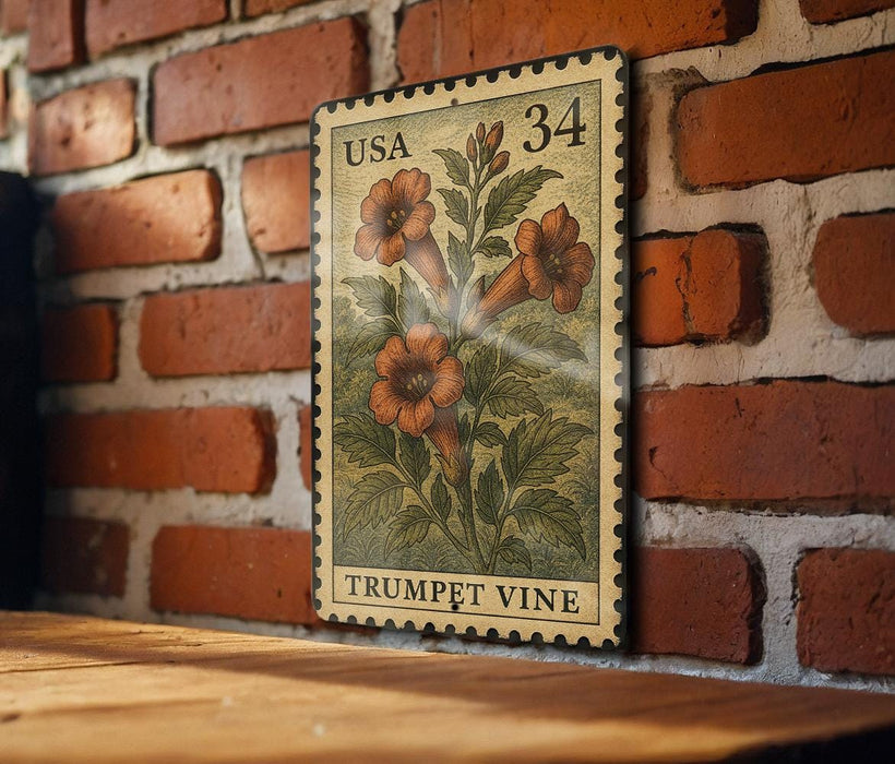 A vintage-style stamp depicting a trumpet vine, with the text "USA 34" and "TRUMPET VINE" printed on it, is displayed on a brick wall.