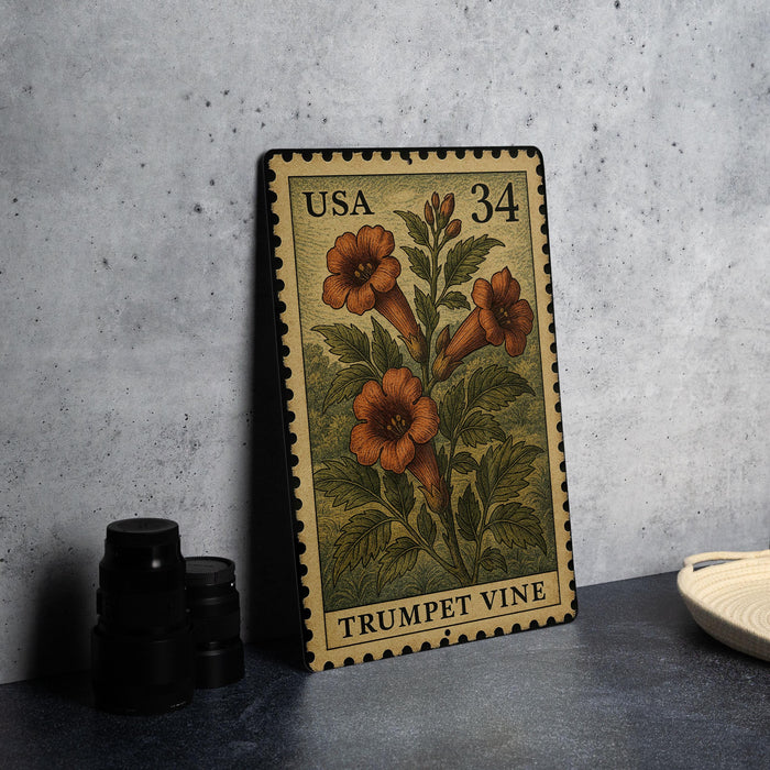 A metal stamp featuring a trumpet vine plant with orange flowers, placed on a dark surface next to some black objects.