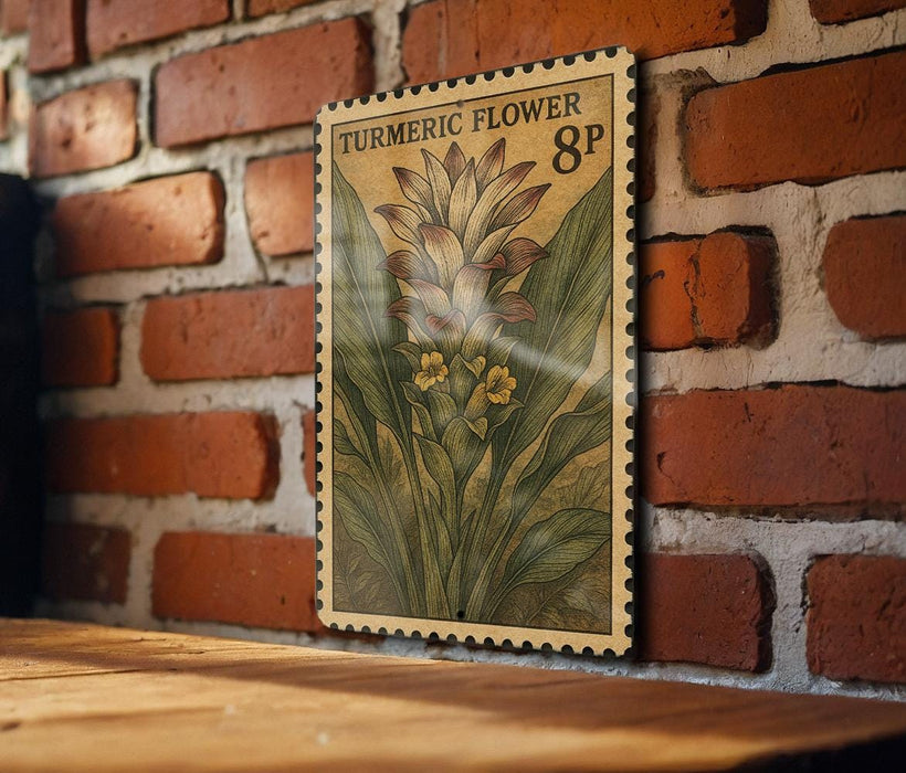 A vintage-style postage stamp featuring a turmeric flower is displayed on a brick wall.